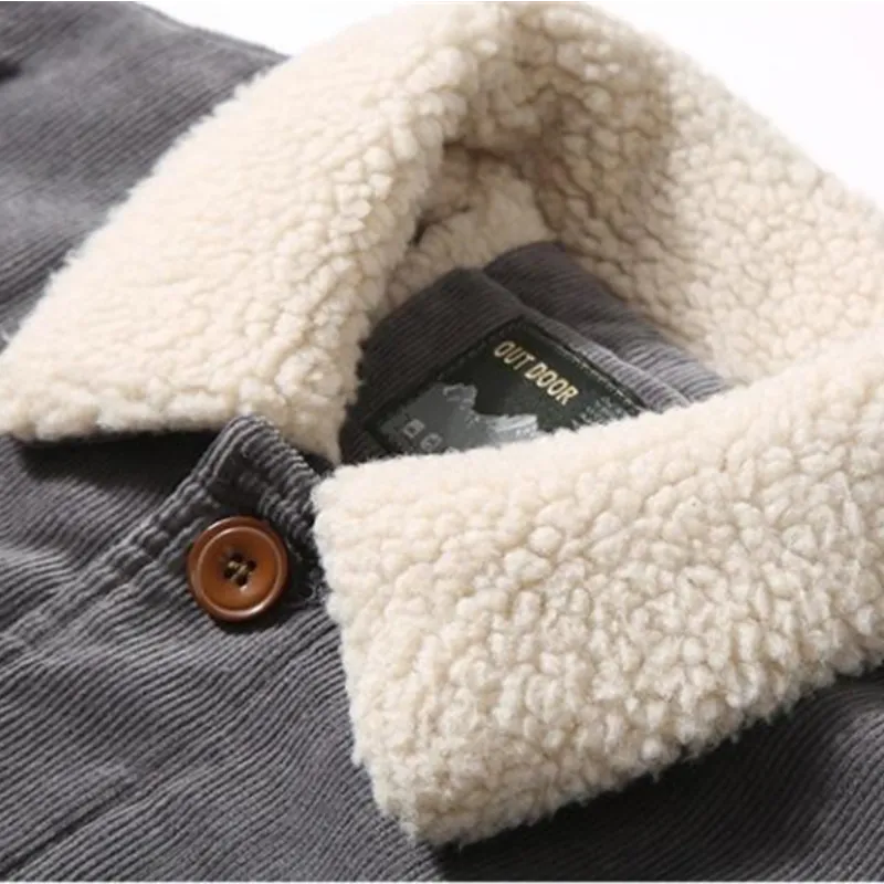 High Quality 2023 Jackets Men's Winter Plus Velvet Jacket Corduroy Tooling Casual Parka Korean Fashion Solid Color Cotton Jacket