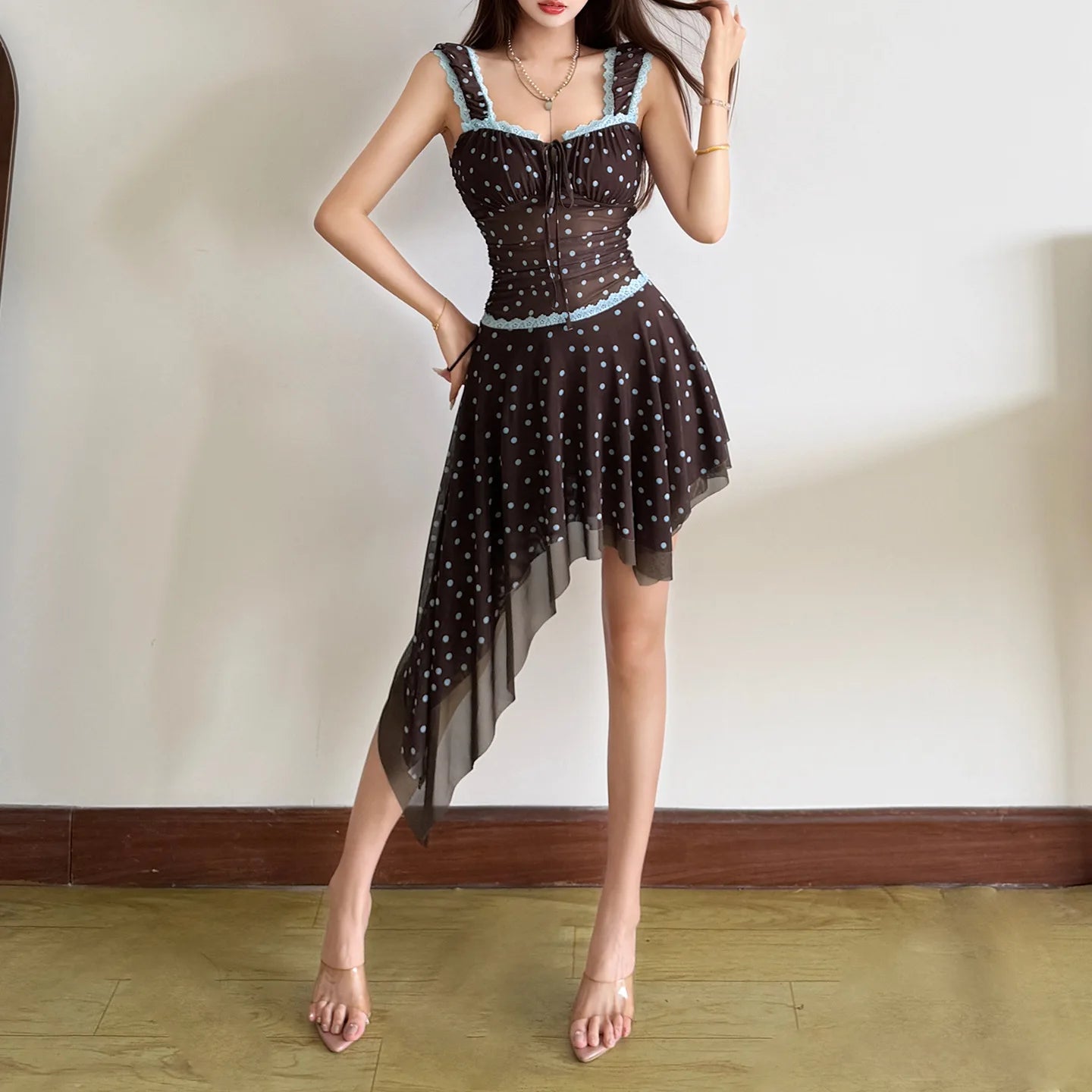 Voguable  Summer Cute Girl's Style Dress Polka Dot Printed Sleevelss Irregular Ruched Hem Slim Women Ruched Birthday Party Mini Dress voguable