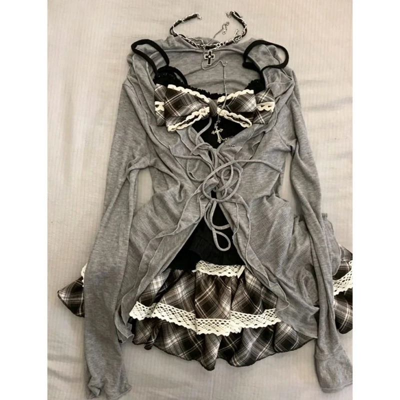 Voguable  Early Autumn Three-Piece Set Breathable V-Neck Checkered  Knot Strap Bell-Cuff Open Cardigan Atmosphere Feeling Clot... voguable