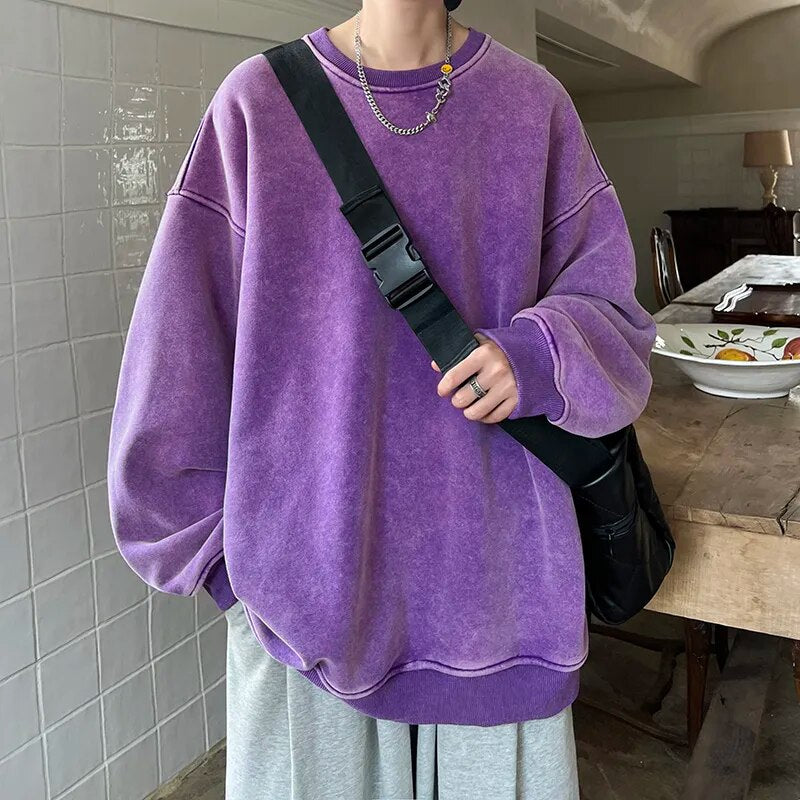 American Washed Old Pullovers Sweatshirts Men Loose Solid Color Autumn Large Size Warm O Neck Tops Hip Hop Y2k Sweatshirt voguable