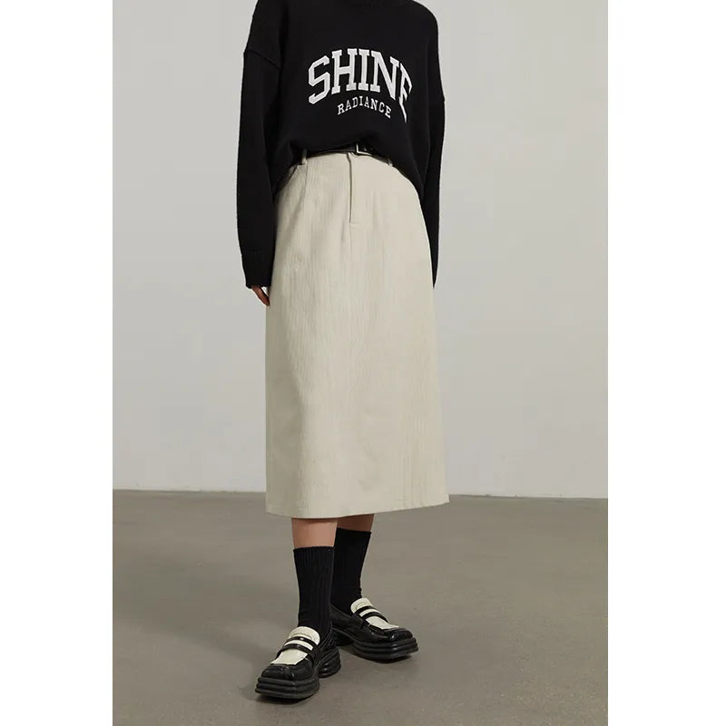 Corduroy Retro High Waist Skirt Women Autumn Winter Back Slit Commuter Casual Solid Color Length-option Female Skirts voguable