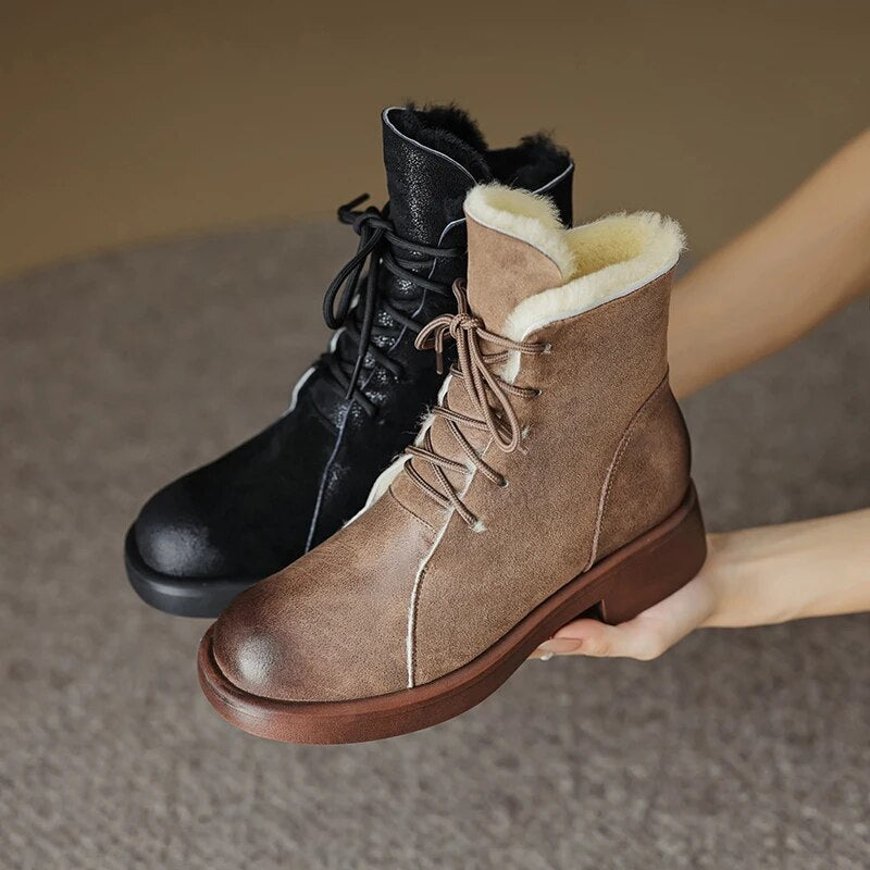 Winter New Women Ankle Boots Thick High Heels Warm Wool Snow Boots Genuine Leather Cross-Tied Popular Shoes Woman Casual voguable