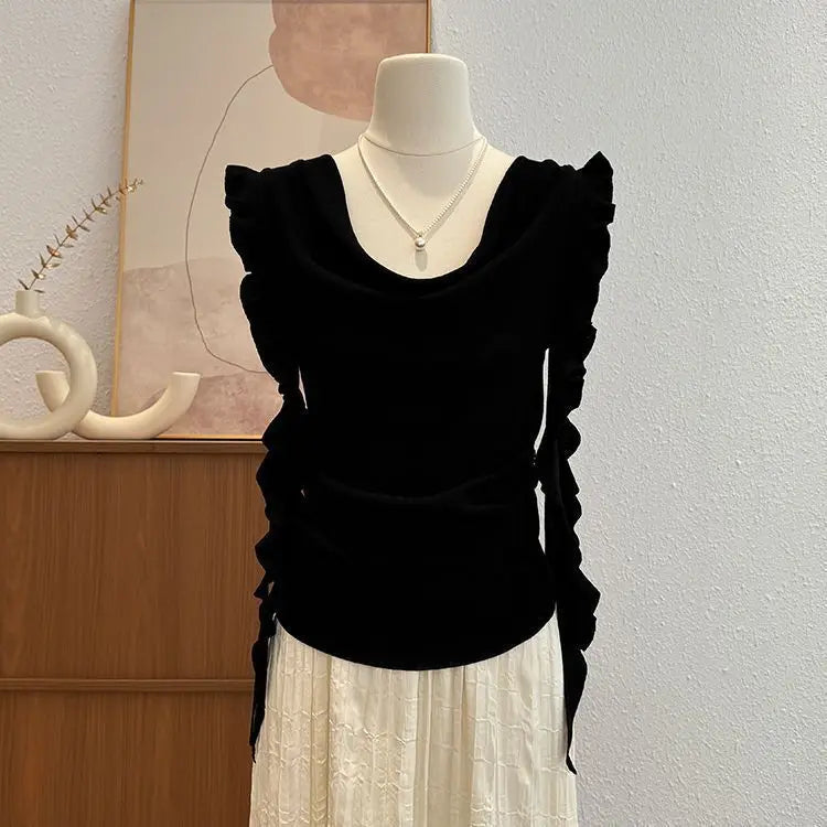 Voguable  Premium Minority Flying Sleeve Knit Tshirts Draped Neckline Lace Up Unique Mujer Camisetas Slim Elegant Casual Moda Tops voguable