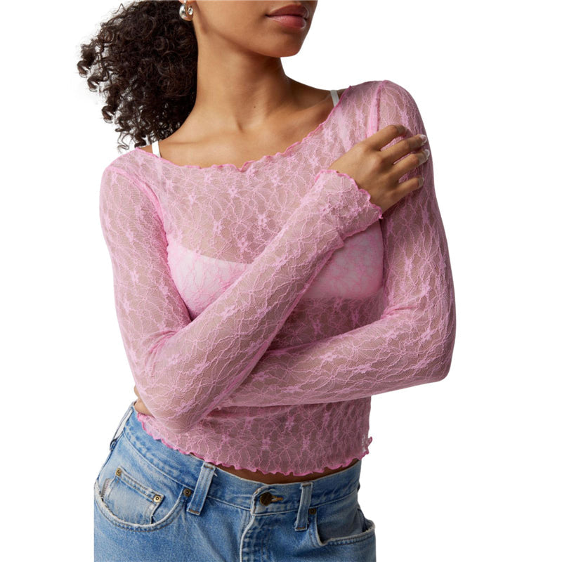 Lace Tops for Women y2k Clothes Sheer See Through Round Neck Long Sleeve Ruched T Shirt 2000s Clothing Party Clubwear voguable