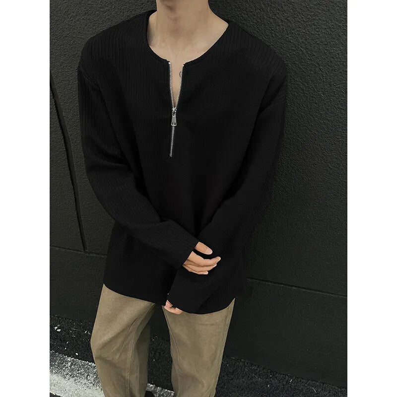 Spring Long Sleeved T-shirt Men Fashion White Pleated T Shirt Men Streetwear Korean Loose Zipper T Shirt Mens Top Plus Size 4XL voguable