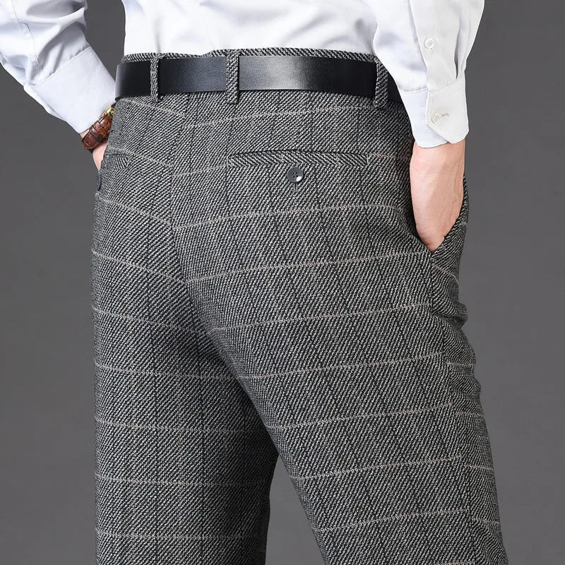 Flat Cashmere Suit Trouser For Male Loose Plaid Hight Waist Classic Straight Formal Mens Dress Pants Business Size 42 44 voguable