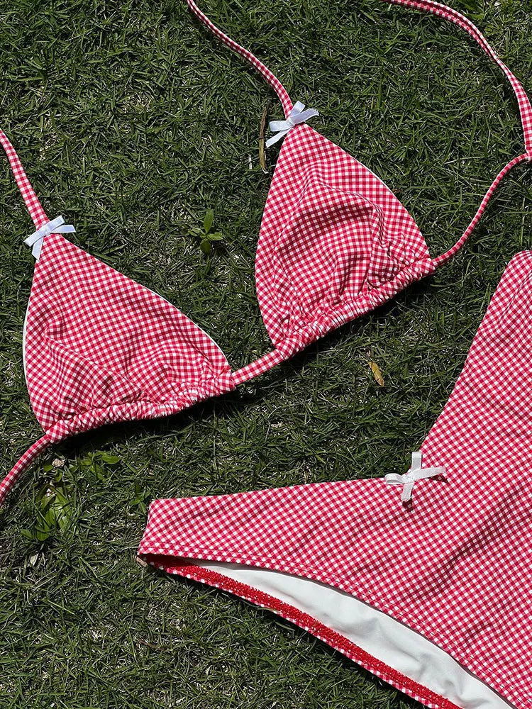 Sexy Swimsuit Triangle Bikinis Cherry Print Bikini Set Female Swimwear Women Bow Bathing Suits Lace Beachwear Micro Thong Biquin voguable