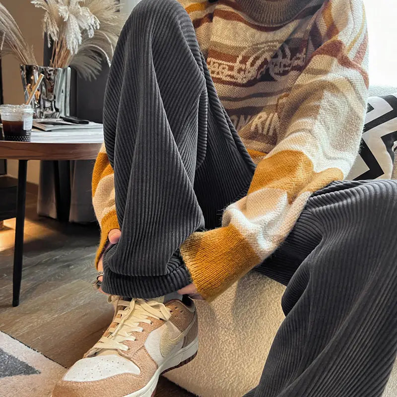 Autumn Corduroy Straight Trousers Men Loose Solid Casual Drape Trousers Harajuku Fashion Drawstring Street Wide Leg Sweatpant voguable