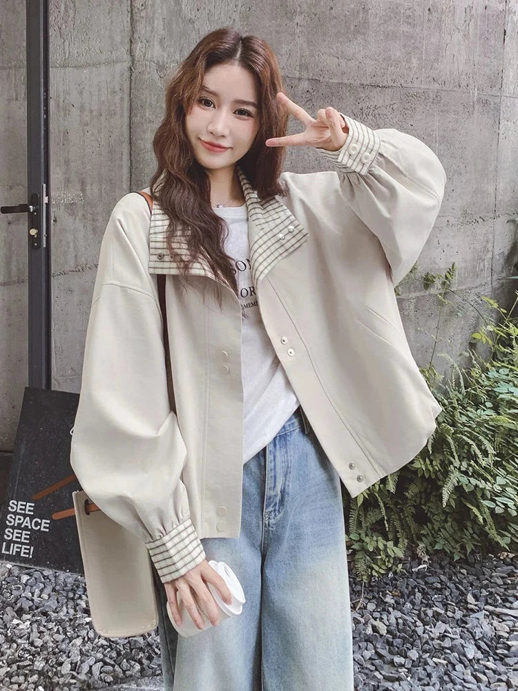 Korean Sweet Chic Jacket Women Loose Fall Long Sleeve Elegant Short Coat Fashion Plaid Patchwork Preppy Style Cute Outwear Tops voguable