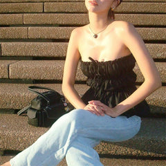 Tube Tops y2k Clothes Women Solid Color Off Shoulder Strapless Sleeveless Ruched Bandeau Tie Up Vest 2000s Streetwear voguable