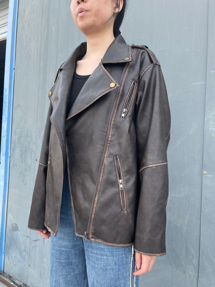 Streetwear Worn Effect Bike Leather Jackets For Women Oversized Boyfriend PU Leather Jacket Women Loose Zipper Brown Coat voguable