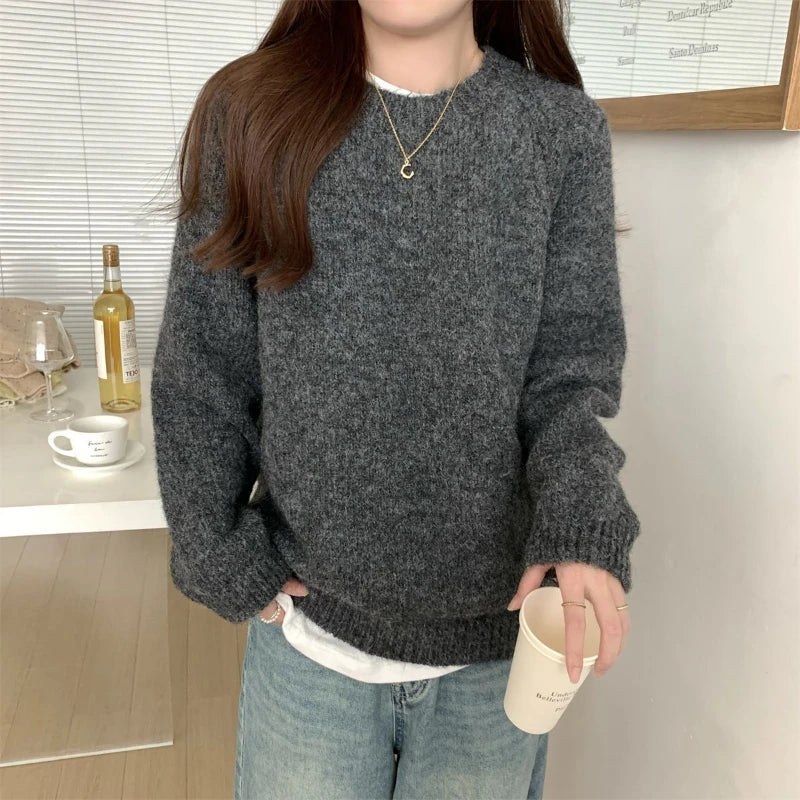 Casual Autumn Winter New Women Sweater Korean Fashion Lazy Wind Solid O-Neck Loose Long Sleeve Pullovers Knitted Tops voguable