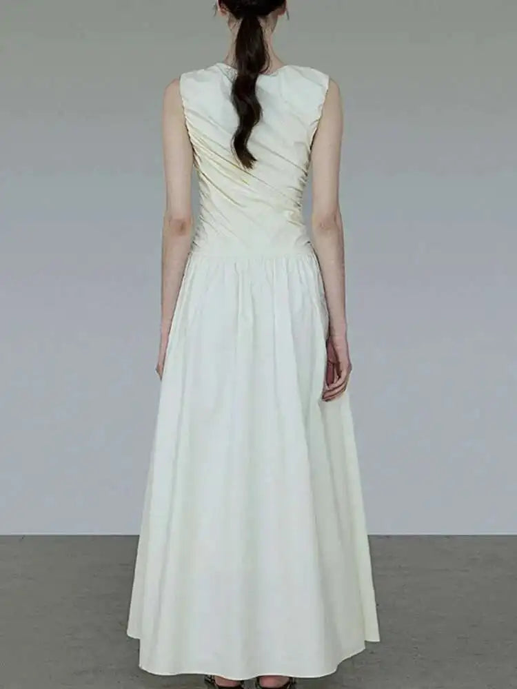 Solid Fold Design Long Dresses For Women High Waist Round Neck Sleeveless Elegant Dress Female Autumn 2025 New voguable