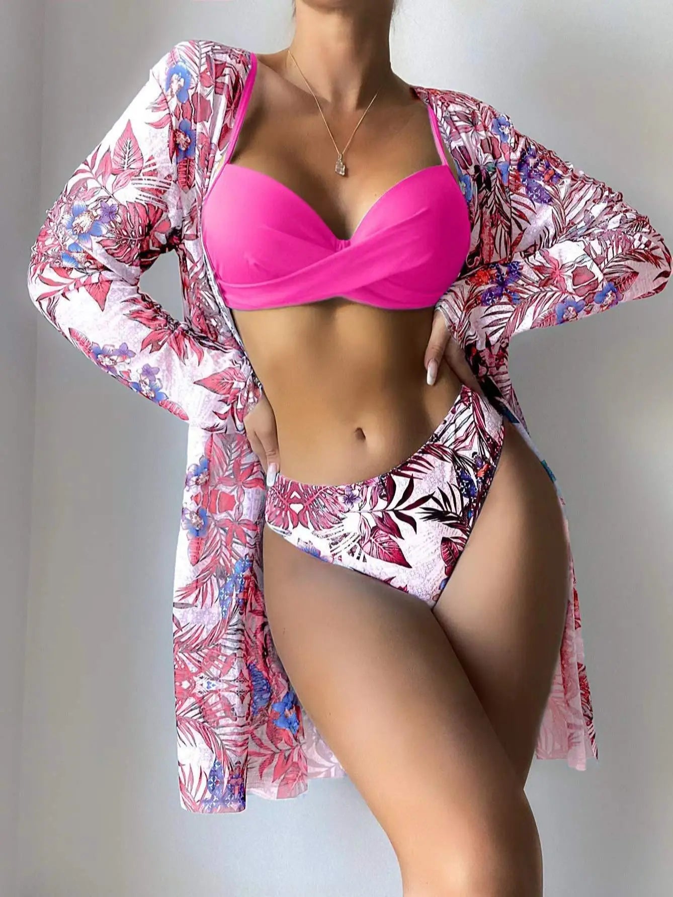 Voguable  Print Beach Cover Up And Bikini Set Sexy Swimwear Women Hollow Out Swimsuit High Waist Biquini Female Three Piece Beachwear voguable