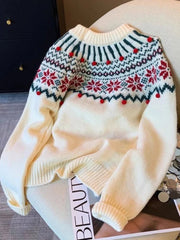 Sweet Print Christmas Red Sweater Women Cute O Neck Vintage Knitted Jumper Casual Korean Lady Fall Winter Preppy Style Loose Top voguable