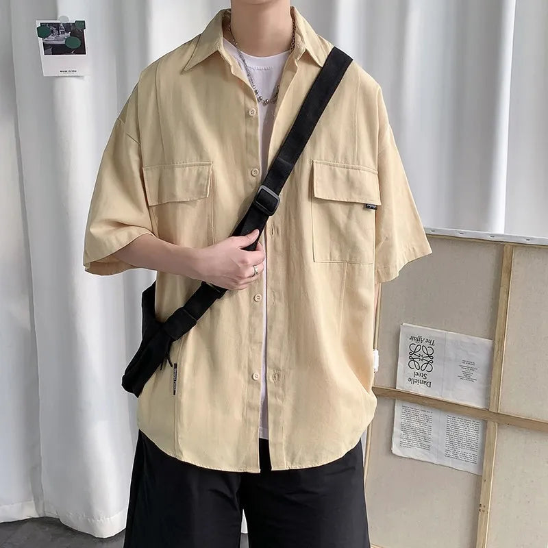 Working Pocket Solid Color Pure Cotton Short-sleeved Shirt Fashionable Summer Lapel Button Functional Half-sleeved Cardigan voguable