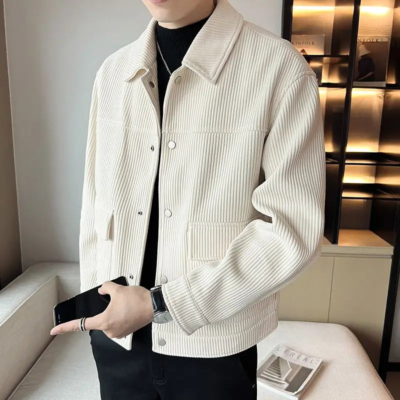 Korean Style Fashionable High-end Jacket Men's Spring Autumn 2025 New Corduroy Top Trendy Handsome Loose Short Lapel Thin Jacket voguable