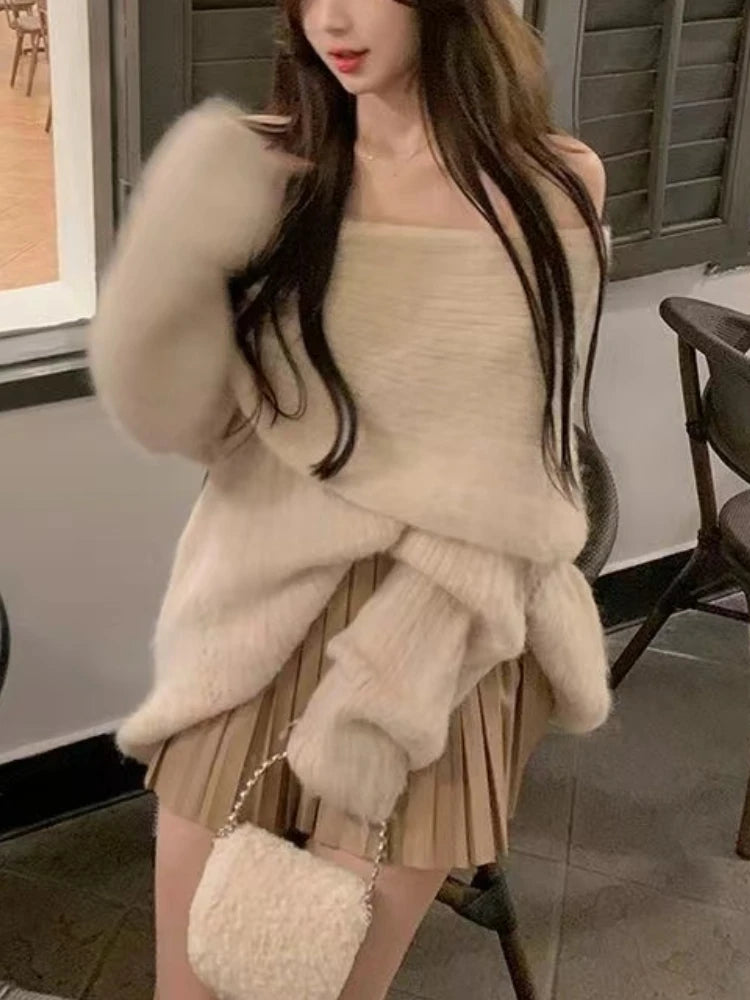 Autumn Design Sexy White Knitted Sweater Women Long Sleeve Pure Color Korean Fashion Y2k Clothing Elegant Pullover Female voguable
