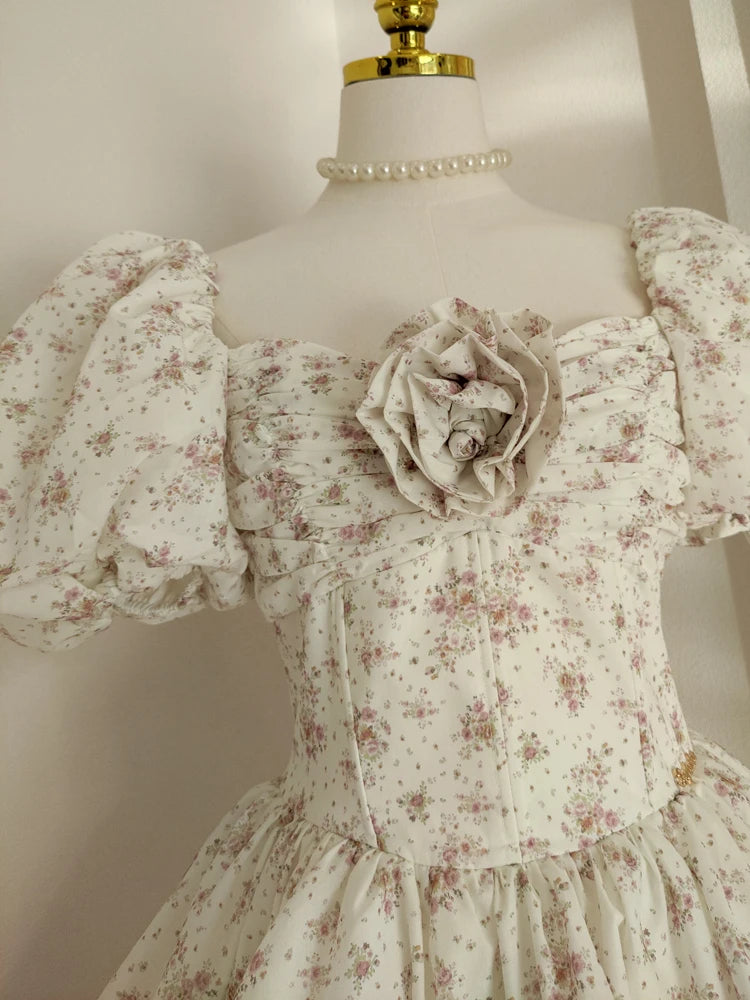 Fashion Women Dress Patchwork Lace 3D Flowers Print Short Puff Sleeve Square Collar Female Party Dress New Tide voguable