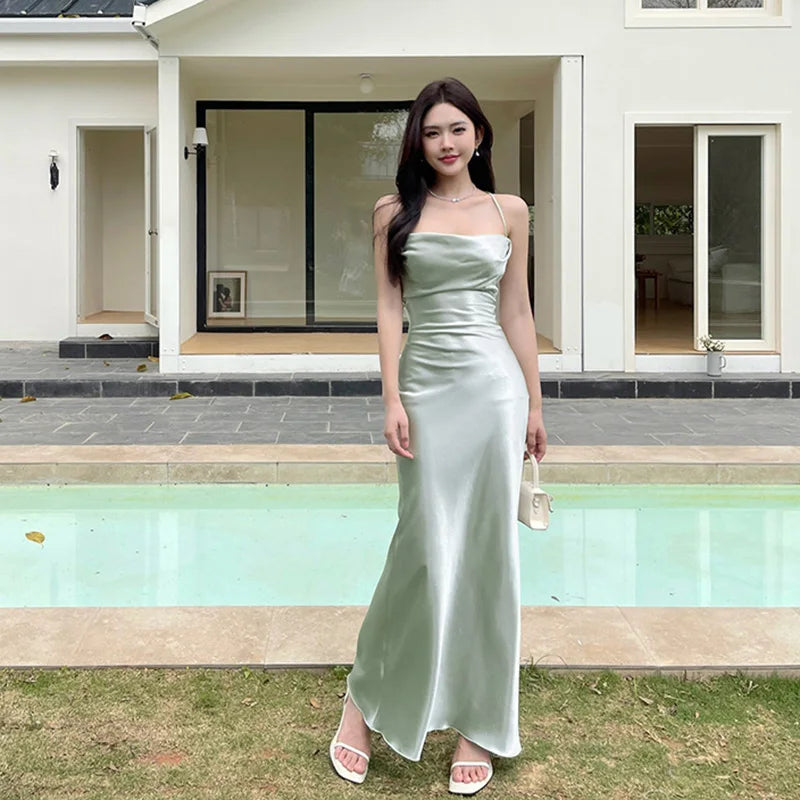 French Elegant Satin Camis Dress Summer Sexy Backless Spaghetti Straps Midi Dress Y2K Solid Sleeveless Party Night Vestidos voguable