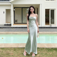 French Elegant Satin Camis Dress Summer Sexy Backless Spaghetti Straps Midi Dress Y2K Solid Sleeveless Party Night Vestidos voguable