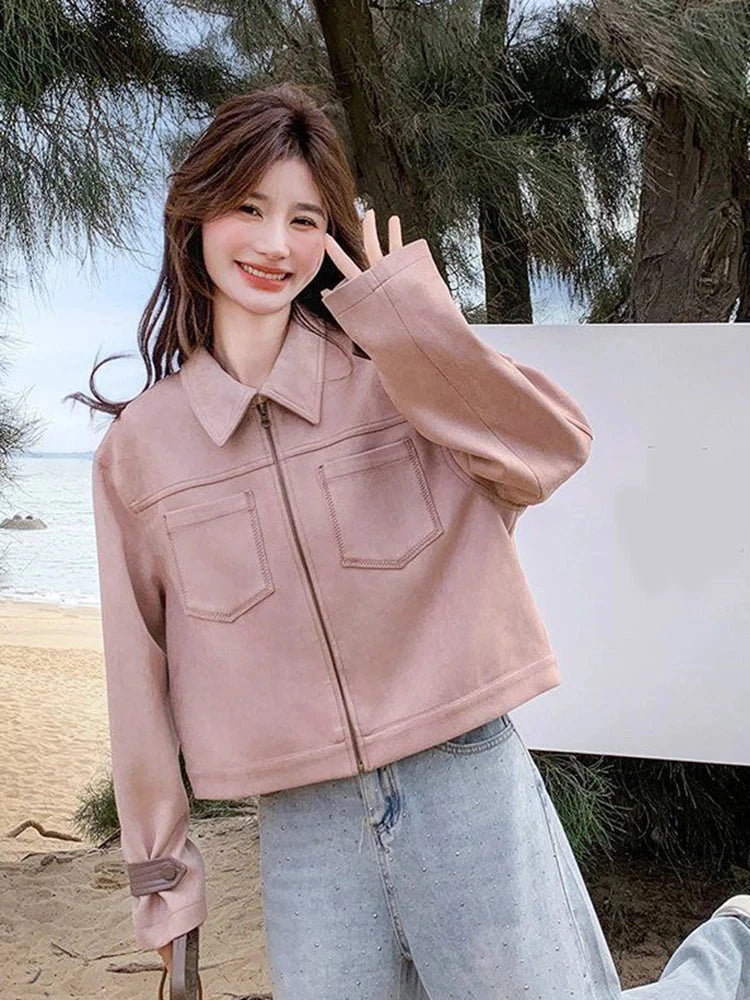 Pink Y2K Faux Suede Jacket Women Vintage Streetwear Long Sleeve Loose Coat Korean Casual Harajuku Fall Winter Outwear Tops voguable