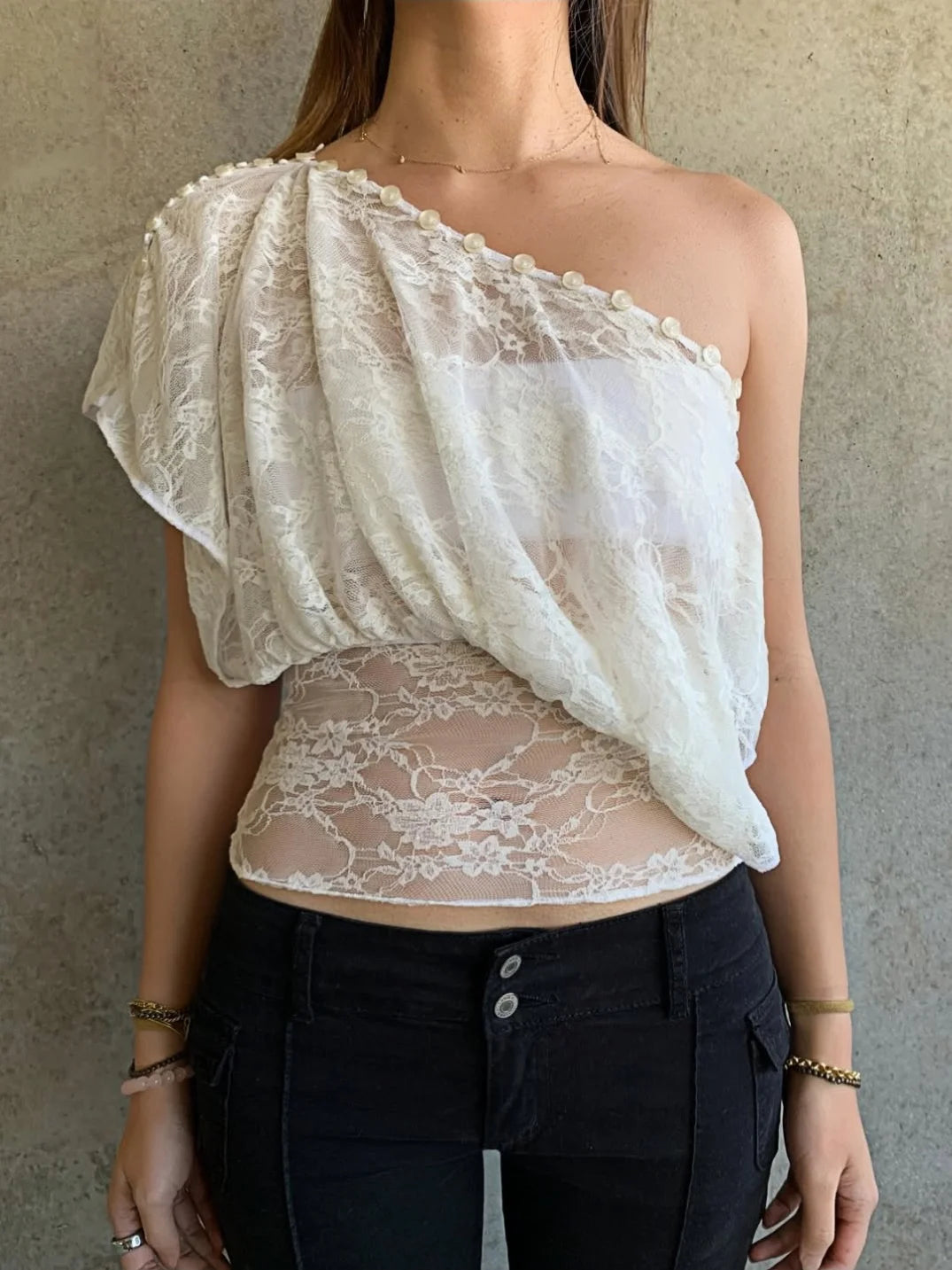 Voguable  Women Lace Buttons Top Off Shoulder Multi-Way Wear Slim Fit Cropped Y2K Sexy Street Party Casual Spring/Summer Tees voguable