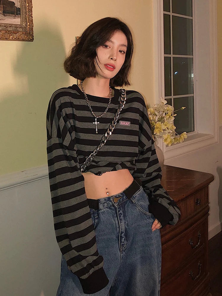 Voguable Sexy Cropped Y2K Striped Sweatshirts Women Harajuku Gothic Tops Vintage Streetwear Casual Bf Oversize Long Sleeve Pullover voguable