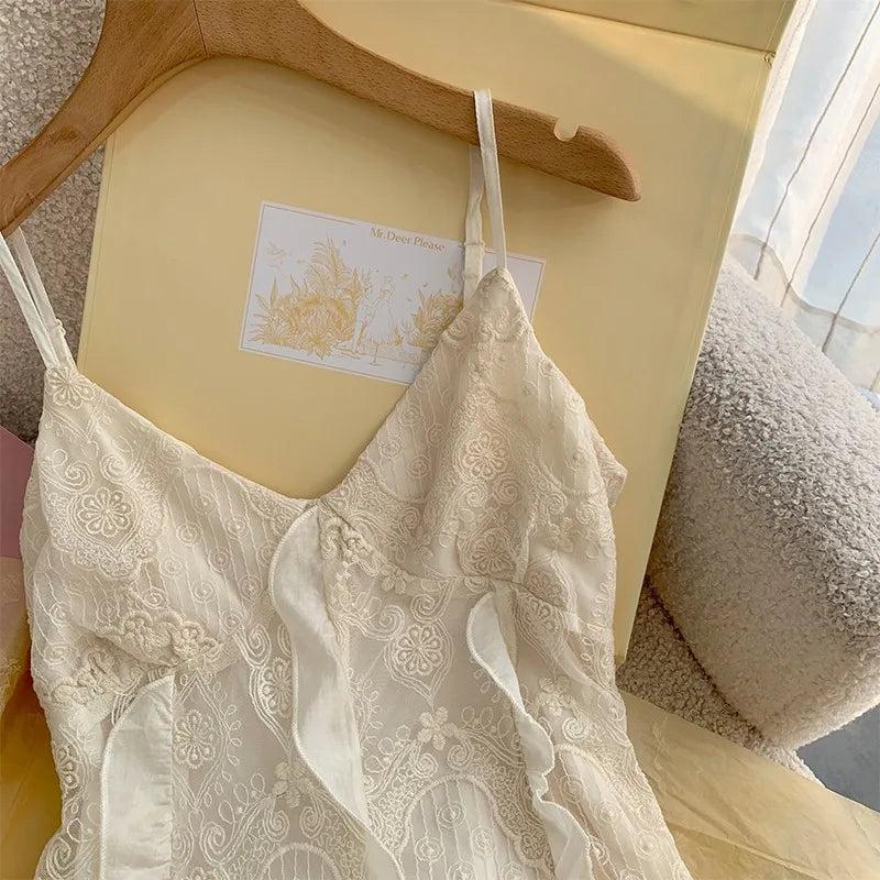 Voguable 2024 Summer Fairy Backless V-Neck Patchwork Lace Suspender Dresses Women's Slim Fit High Waist Chiffon Elegant Mini Dress voguable