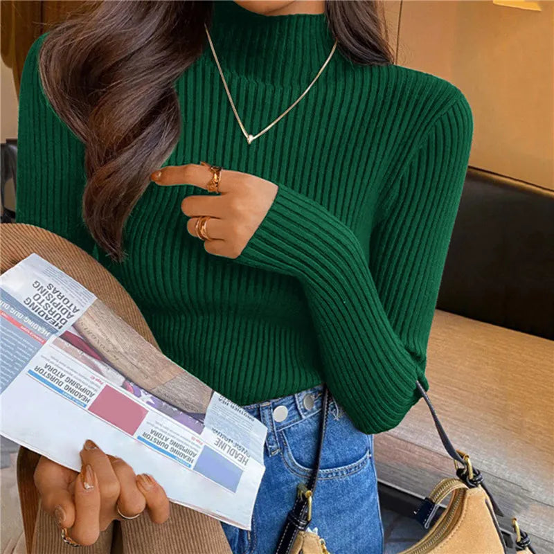 Elegant Solid Basic Knitted Tops Women Turtlneck Sweater Long Sleeve Casual Slim Pullover Korean Fashion Simple Chic Clothes voguable