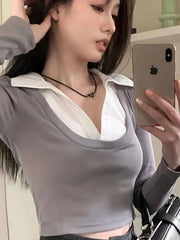 False Two piece Long sleeve Cropped T-Shirt With Collar Women Sexy Body Polo Neck Crop Top Spring Fall Basic Tee Lady Korean New voguable