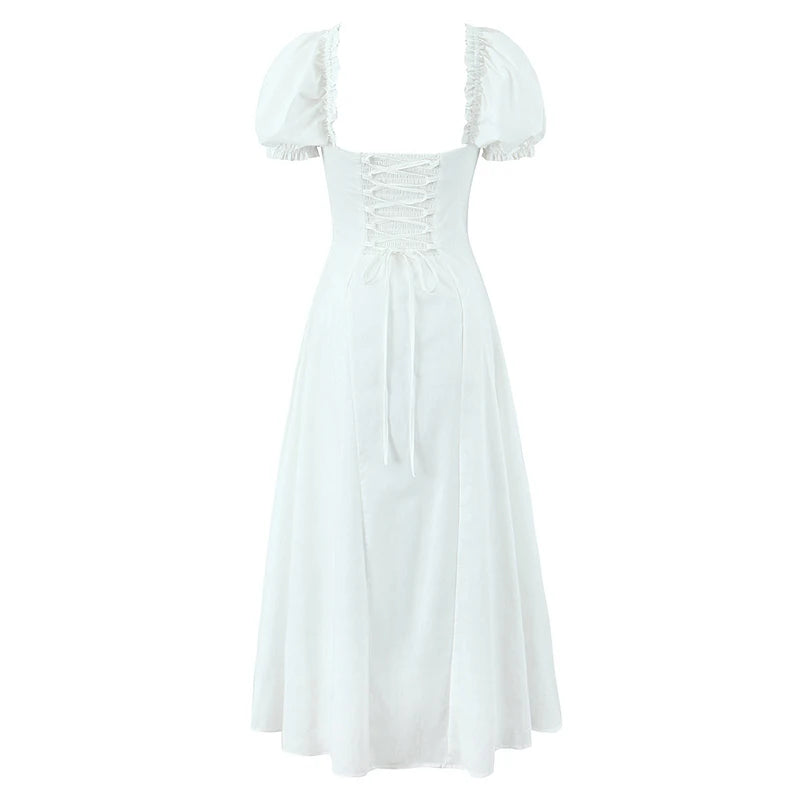 New Women Sexy Off Shoulder Elegant Party Dresses Short Sleeve Lace Up Back A-line Midi Summer Dress Blue White Robe voguable