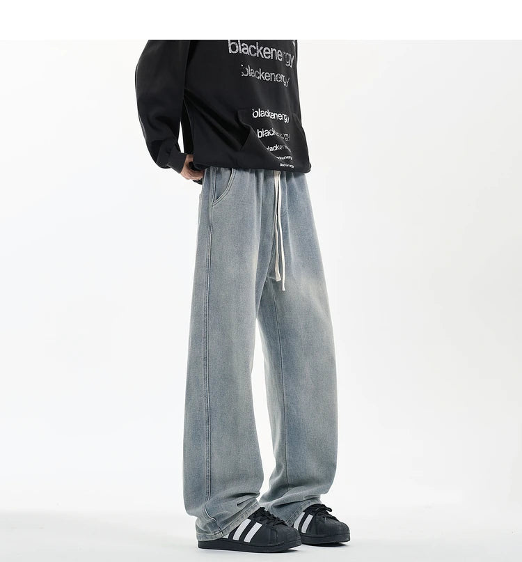 New Men's Jeans Washed Jeans Pants Unisex Drawstring Denim Pants Male Streetwear Korean Straight cylinder loose Cowboy Trousers voguable