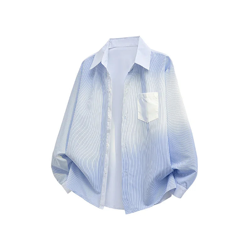 Voguable  Men's Oversized Striped Color Block Casual Shirt with Chest Pocket Single Breasted Trendy Streetwear Style voguable