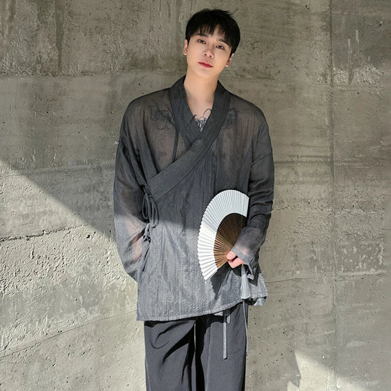 Voguable  Drawstring Translucent Design Street Long Sleeve Shirt 2024 Men Stylish Original Elegant Trendy Tops voguable