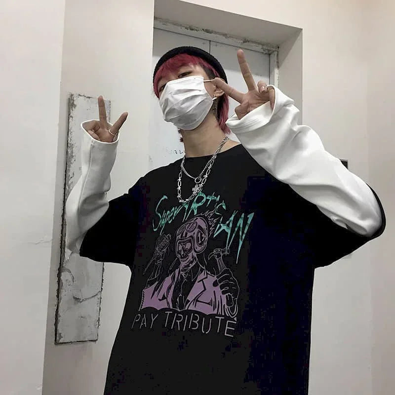T-shirt Cross of Thorns fake two-piece for men women long-sleeved dark hip-hop loose large size autumn new trend top Simplicity voguable