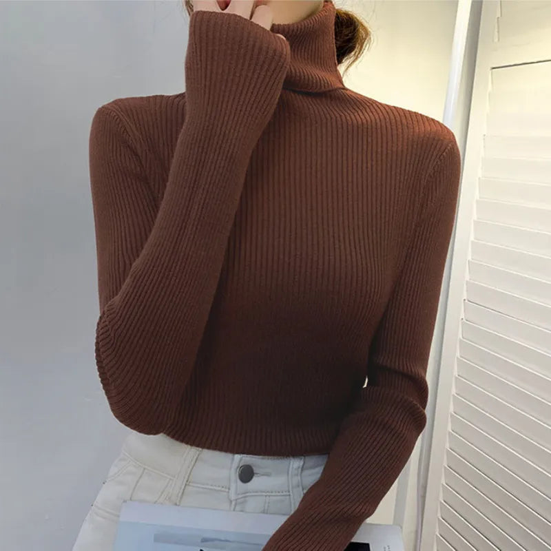 Elegant Solid Basic Knitted Tops Women Turtlneck Sweater Long Sleeve Casual Slim Pullover Korean Fashion Simple Chic Clothes voguable