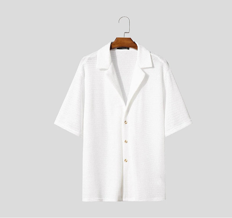 Summer Men Shirt Mesh Transparent Lapel Short Sleeve Streetwear Men Clothing 2025 Solid Color Sexy Oversize Male Shirts voguable