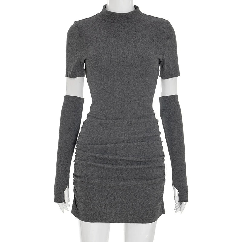 Voguable  New Fashion Half High Neck With Sleeves Slimming Ruched Bodycon Women's Fall Mini Dress Solid Sexy Nightclub Knitted Vestidos voguable