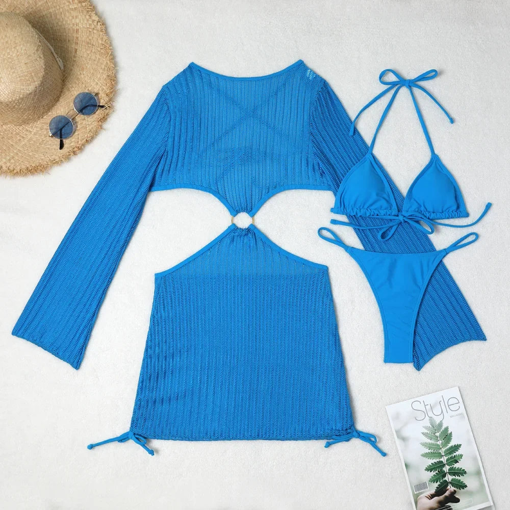 Voguable  White Mesh Backless Dress Cover Up Swimwear 3 Piece Bikini Set String Lace-up Micro Thong Swimsuit Women Halter Triangle Bikinis voguable