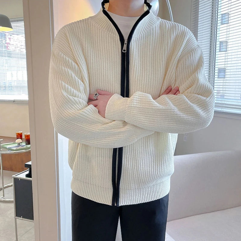 Winter Men's Luxury Knitted Zipper Cardigan Sweater Stand Collar Solid Color Long Sleeve Casual Streetwear Loose Coat voguable