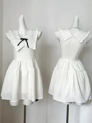 Voguable  Preppy Style Design White One-Piece Frocks Sleeveless Off Shoulder Party 90s Women Sweet A-Line Dress Casual Bow Vestidos New voguable