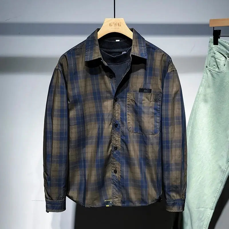 Voguable  New Men Clothing Spring Vintage Classic Plaid Print All Match Shirt Casual Lapel Long Sleeve Loose Pocket Tops Camisas De Hombre voguable