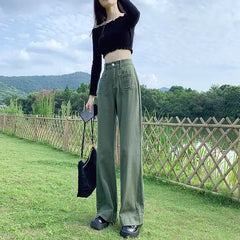 Korean Fashion Loose Versatile Wide Leg Jeans Women High Waist Solid Pocket Zipper Summer Thin Casual Straight Full Length Pants voguable