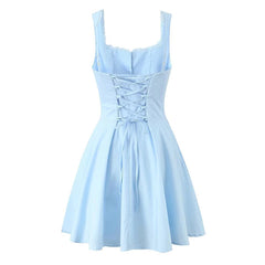 New  Women Blue Elegant Party Mini Dresses Sexy Sleeveless Low Waist A-line Summer Dress Lace Up Back Robe voguable