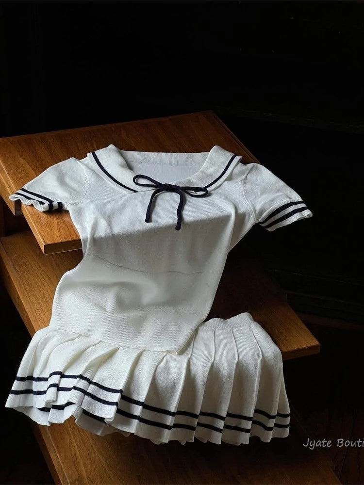 Academic Style Pleat Skirt+Lapel Short Sleeve Tee 2 Piece Set Women Outfits Fashion Skirt Tight Knit T-shirts Summer Suit voguable