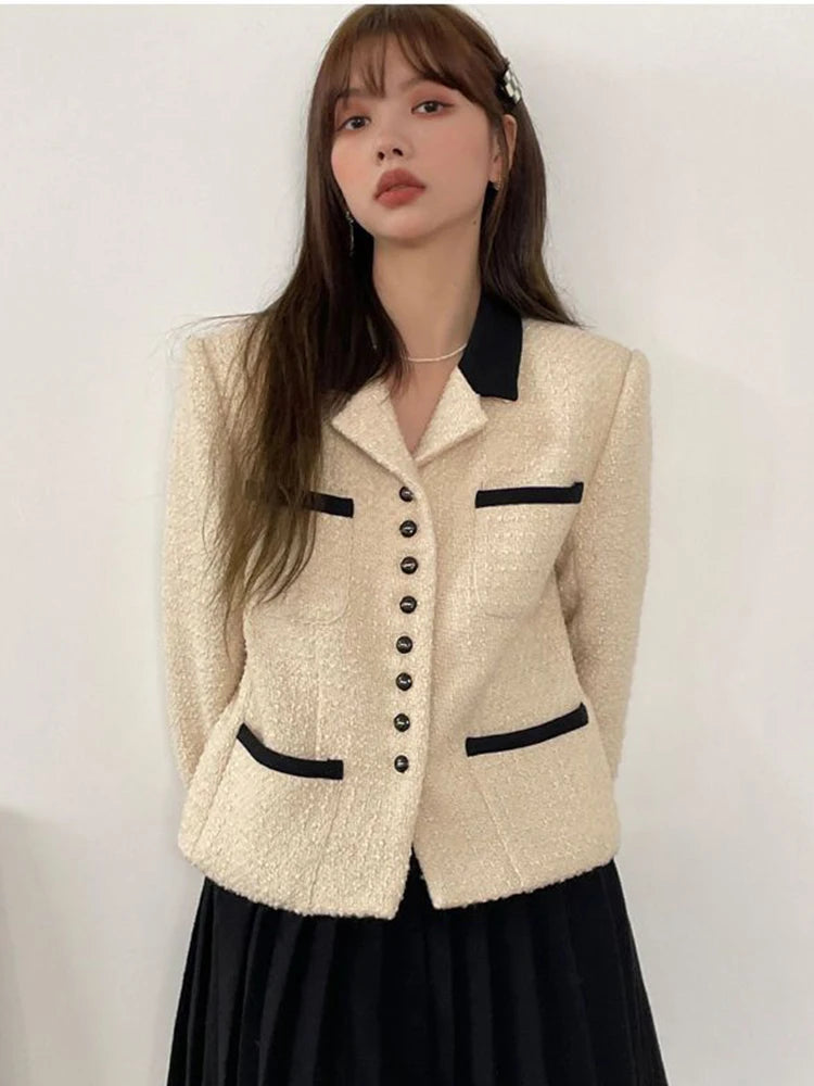 Voguable  Office Lady Chic Elegant Tweed Jacket French Sweet Long Sleeve Coat Women Fashion Turn Down Collar Fall Winter New Tops voguable