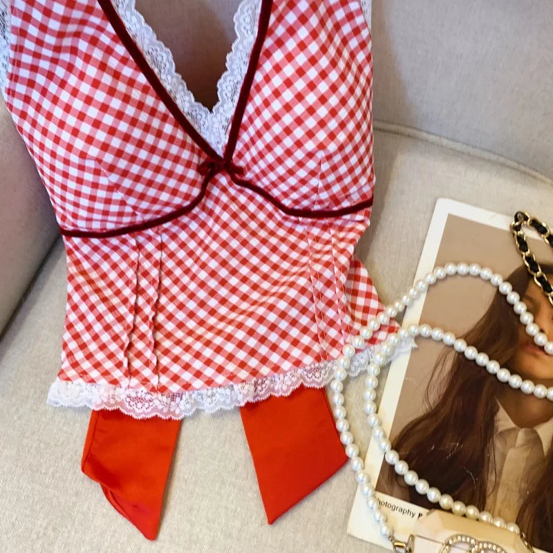 French Sweet Spicy Camis Hanging Neck Camisole Lace Patchwork Plaid Print Short Top Sexy Deep V-neck Bandage Halter Crop Tops voguable