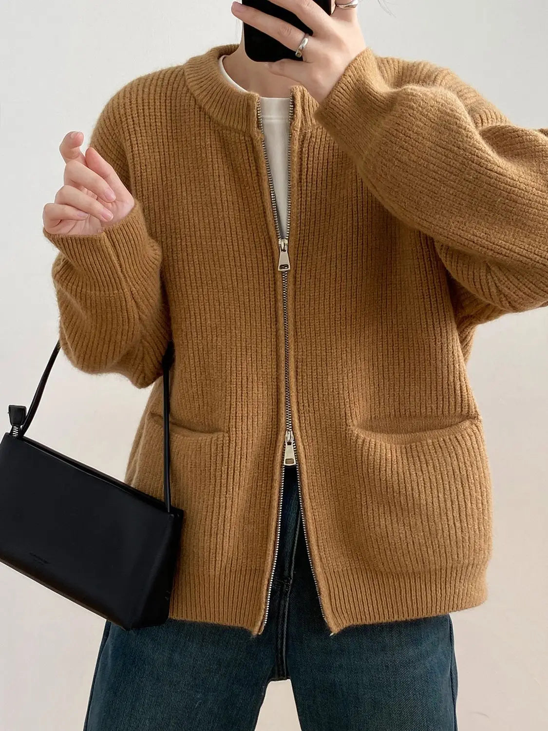 Sweater Cardigan Women Autumn Double Zipper Casual Korean Knitwear Coat Solid Color Loose Soft Long Sleeve Jackets Outerwear voguable