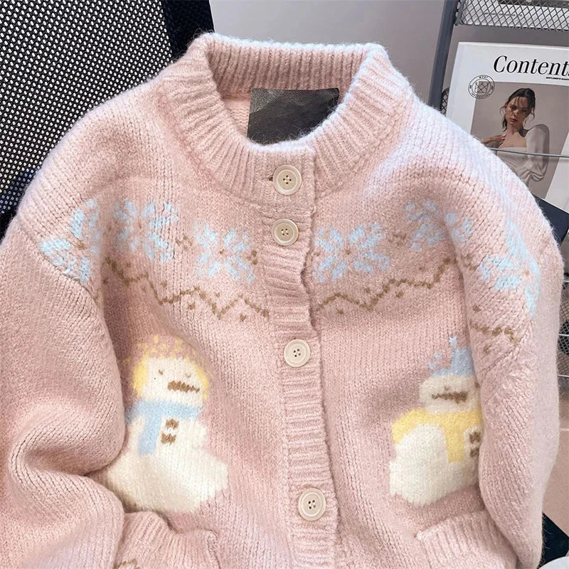 Cute Snowmen Pink Cardigan Sweater Women Vintage Sweet Print Loose Knitted Coat Japan Fall Winter Kawaii Female O Neck Tops voguable